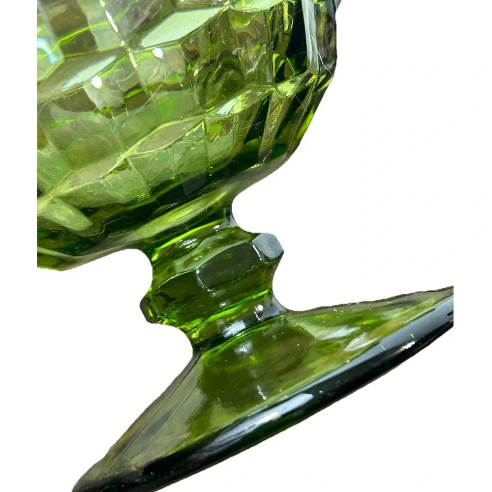 Green Glass Dessert Goblets Footed Cubist Bowls Mid Century VTG Indiana Glass